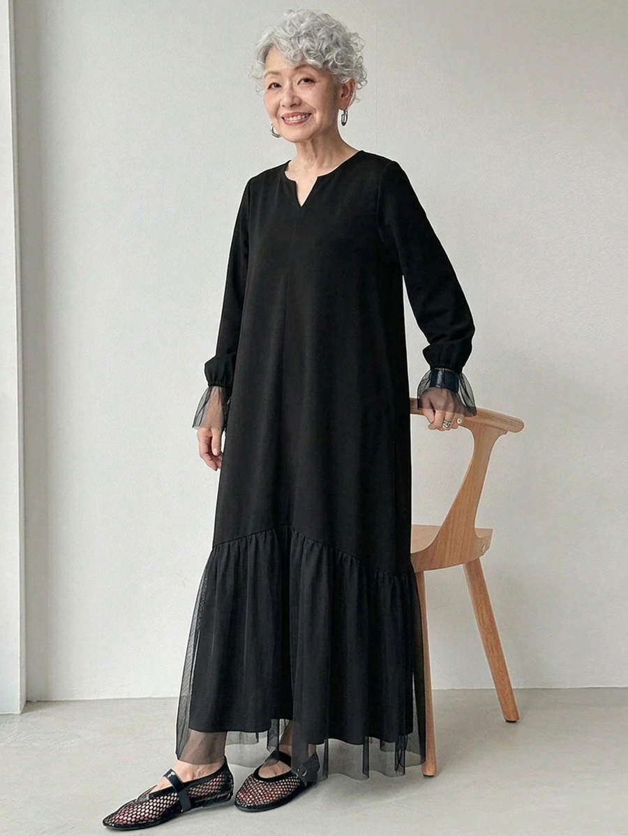 FRIFUL Middle-Aged Women's Autumn Solid Color Contrast Mesh Full Skirt Dress - Black - View 1