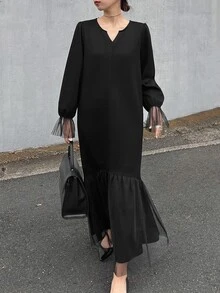FRIFUL Middle-Aged Women's Autumn Solid Color Contrast Mesh Full Skirt Dress - Black - View 11