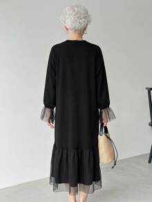 FRIFUL Middle-Aged Women's Autumn Solid Color Contrast Mesh Full Skirt Dress - Black - View 7