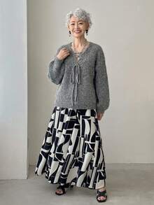 FRIFUL Women's Tie-Up Design Dropped Shoulder Long Sleeve Casual Loose Sweater - Grey - View 4