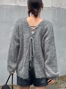 FRIFUL Women's Tie-Up Design Dropped Shoulder Long Sleeve Casual Loose Sweater - Grey - View 7