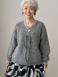 FRIFUL Women's Tie-Up Design Dropped Shoulder Long Sleeve Casual Loose Sweater - Grey - View 3