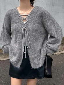 FRIFUL Women's Tie-Up Design Dropped Shoulder Long Sleeve Casual Loose Sweater - Grey - View 8