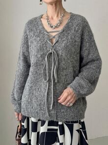 FRIFUL Women's Tie-Up Design Dropped Shoulder Long Sleeve Casual Loose Sweater - Grey - View 6