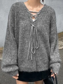 FRIFUL Women's Tie-Up Design Dropped Shoulder Long Sleeve Casual Loose Sweater - Grey - View 1
