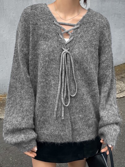 FRIFUL Women's Tie-Up Design Dropped Shoulder Long Sleeve Casual Loose Sweater