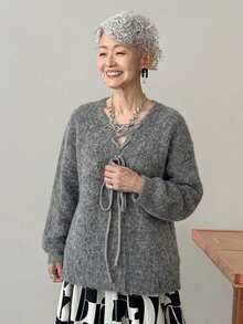FRIFUL Women's Tie-Up Design Dropped Shoulder Long Sleeve Casual Loose Sweater - Grey - View 13
