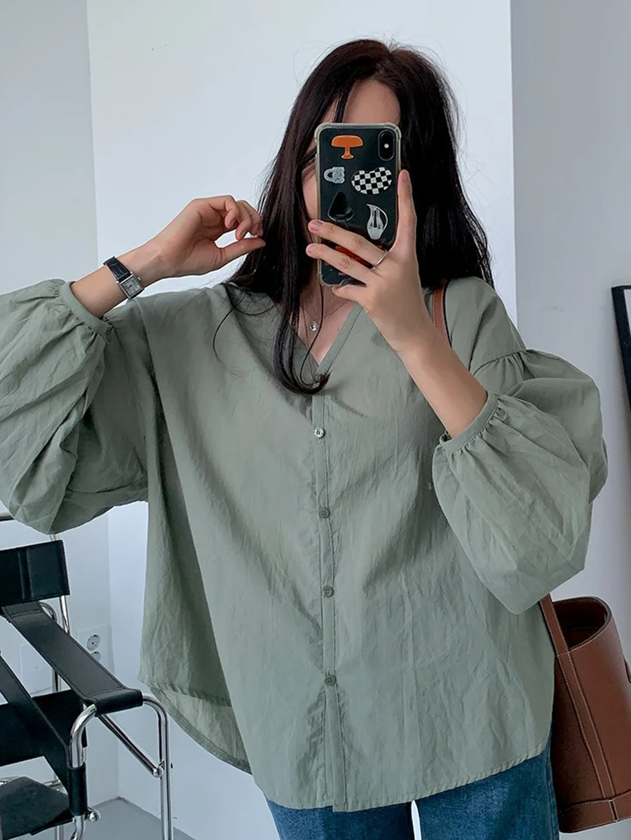 DAZY Solid Drop Shoulder Button Through Shirt,Fall Clothes Preppy Tops Long Sleeve Top - Green - View 1