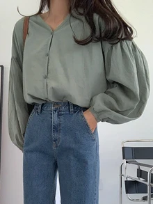 DAZY Solid Drop Shoulder Button Through Shirt,Fall Clothes Preppy Tops Long Sleeve Top - Green - View 3
