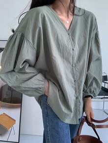 DAZY Solid Drop Shoulder Button Through Shirt,Fall Clothes Preppy Tops Long Sleeve Top - Green - View 5