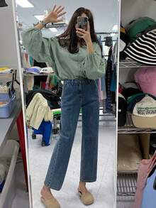 DAZY Solid Drop Shoulder Button Through Shirt,Fall Clothes Preppy Tops Long Sleeve Top - Green - View 7