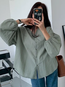 DAZY Solid Drop Shoulder Button Through Shirt,Fall Clothes Preppy Tops Long Sleeve Top - Green - View 8