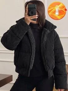 SHEIN 兒童青少年女孩收腰時尚校園風百搭休閒毛絨長袖加厚外套，適合秋冬 - 黑色 - 查看 1
