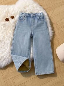 Kids Young Boy Fall/Winter Casual Basic Warm Blue Denim Fleece Lined Loose Fit Jeans, For Streetwear - Light Wash - View 7