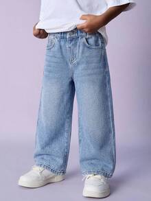 Kids Young Boy Fall/Winter Casual Basic Warm Blue Denim Fleece Lined Loose Fit Jeans, For Streetwear - Light Wash - View 5