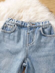 Kids Young Boy Fall/Winter Casual Basic Warm Blue Denim Fleece Lined Loose Fit Jeans, For Streetwear - Light Wash - View 9