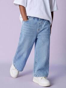 Kids Young Boy Fall/Winter Casual Basic Warm Blue Denim Fleece Lined Loose Fit Jeans, For Streetwear - Light Wash - View 6