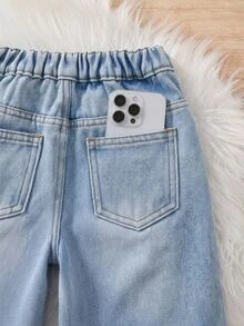 Kids Young Boy Fall/Winter Casual Basic Warm Blue Denim Fleece Lined Loose Fit Jeans, For Streetwear - Light Wash - View 10