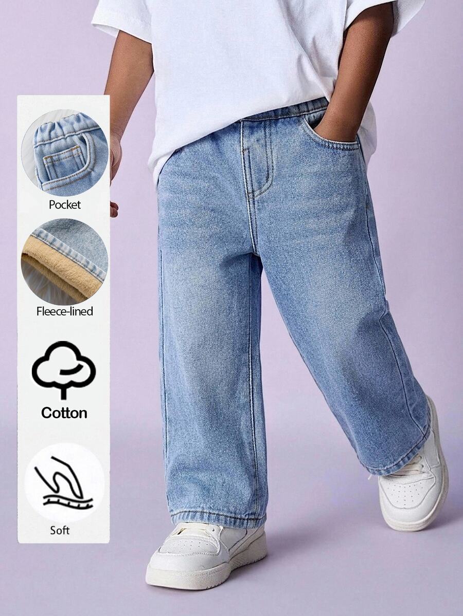 Kids Young Boy Fall/Winter Casual Basic Warm Blue Denim Fleece Lined Loose Fit Jeans, For Streetwear - Light Wash - View 1