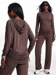 Innovista Innovista Women's Hooded Long Sleeve Wide Leg Drawstring Sports Set Gym Set Workout Set Pilates Yoga Set Sportswear Activewear - Khaki - View 3