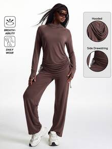 Innovista Innovista Women's Hooded Long Sleeve Wide Leg Drawstring Sports Set Gym Set Workout Set Pilates Yoga Set Sportswear Activewear - Khaki - View 10