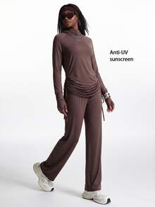 Innovista Innovista Women's Hooded Long Sleeve Wide Leg Drawstring Sports Set Gym Set Workout Set Pilates Yoga Set Sportswear Activewear - Khaki - View 6
