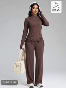Innovista Innovista Women's Hooded Long Sleeve Wide Leg Drawstring Sports Set Gym Set Workout Set Pilates Yoga Set Sportswear Activewear - Khaki - View 2