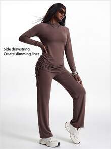 Innovista Innovista Women's Hooded Long Sleeve Wide Leg Drawstring Sports Set Gym Set Workout Set Pilates Yoga Set Sportswear Activewear - Khaki - View 7