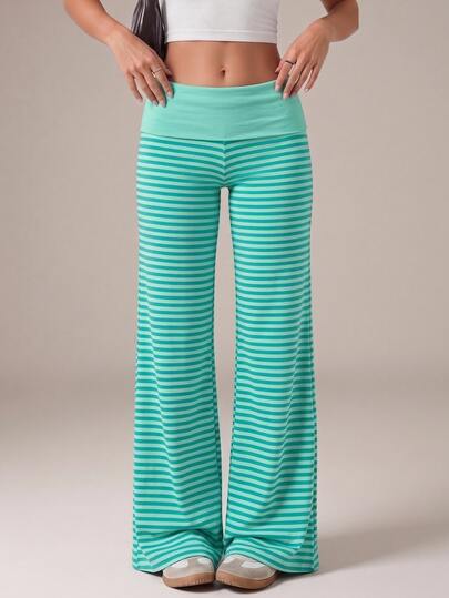 SHEIN Tall Calças compridas femininas casuais de outono, verde menta dopamina, às riscas, patchwork color block, versáteis para o dia a dia, adequadas para deslocações diárias, convívios, outono/inverno/verão, Natal, Ano Novo, Ação de Graças, festas, casamentos, praia, cerimónia de graduação, elegantes, passeios, encontros, deslocações, Dia dos Namorados, férias, Y2K e mais