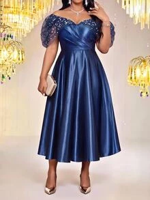 Fleurora Plus Size Women's Patchwork Sequin Mesh Off-Shoulder Pleated Design Elegant Glamorous Dress Fall - Blue - View 6