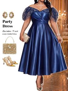 Fleurora Plus Size Women's Patchwork Sequin Mesh Off-Shoulder Pleated Design Elegant Glamorous Dress Fall - Blue - View 7
