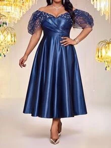 Fleurora Plus Size Women's Patchwork Sequin Mesh Off-Shoulder Pleated Design Elegant Glamorous Dress Fall - Blue - View 5