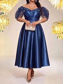 Fleurora Plus Size Women's Patchwork Sequin Mesh Off-Shoulder Pleated Design Elegant Glamorous Dress Fall - Blue - View 3