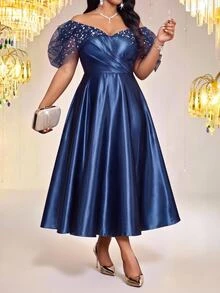 Fleurora Plus Size Women's Patchwork Sequin Mesh Off-Shoulder Pleated Design Elegant Glamorous Dress Fall - Blue - View 4