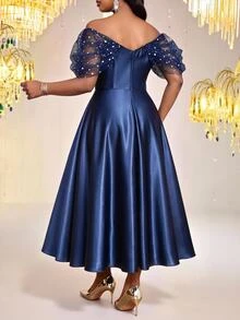 Fleurora Plus Size Women's Patchwork Sequin Mesh Off-Shoulder Pleated Design Elegant Glamorous Dress Fall - Blue - View 2