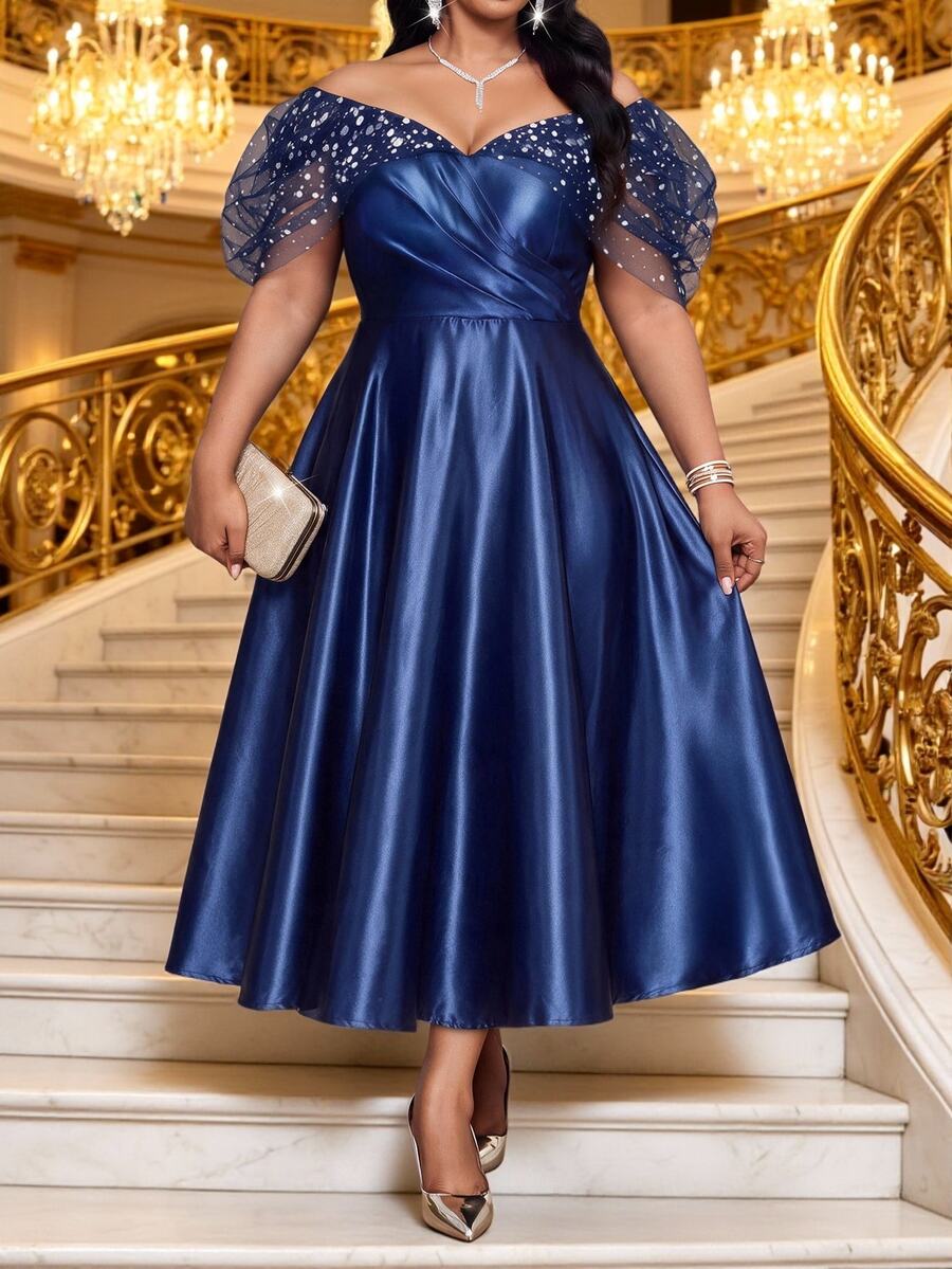 Fleurora Plus Size Women's Patchwork Sequin Mesh Off-Shoulder Pleated Design Elegant Glamorous Dress Fall - Blue - View 1