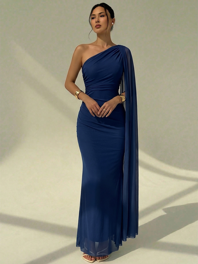 Aloruh Romantic Elegant Ruched Waist Tie Neck Fitted Dress One Sleeve Goddess One Shoulder Mint Green Formal Wedding Dinner Official Summer