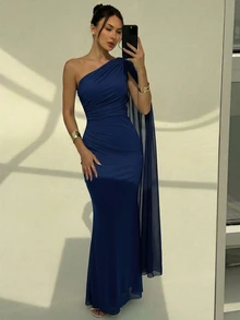 Aloruh 浪漫優雅縮腰綁領修身洋裝 單袖女神一肩設計 薄荷綠 正式婚禮晚宴官方夏季款 - 藏蓝色 - 查看 6