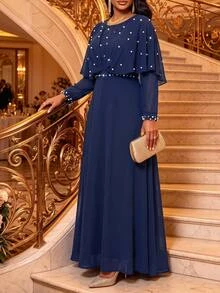 Fleurora Plus Size Women's Pearl Decor Long Sleeve Round Neck Ruffle Hem Dress - Navy Blue - View 2