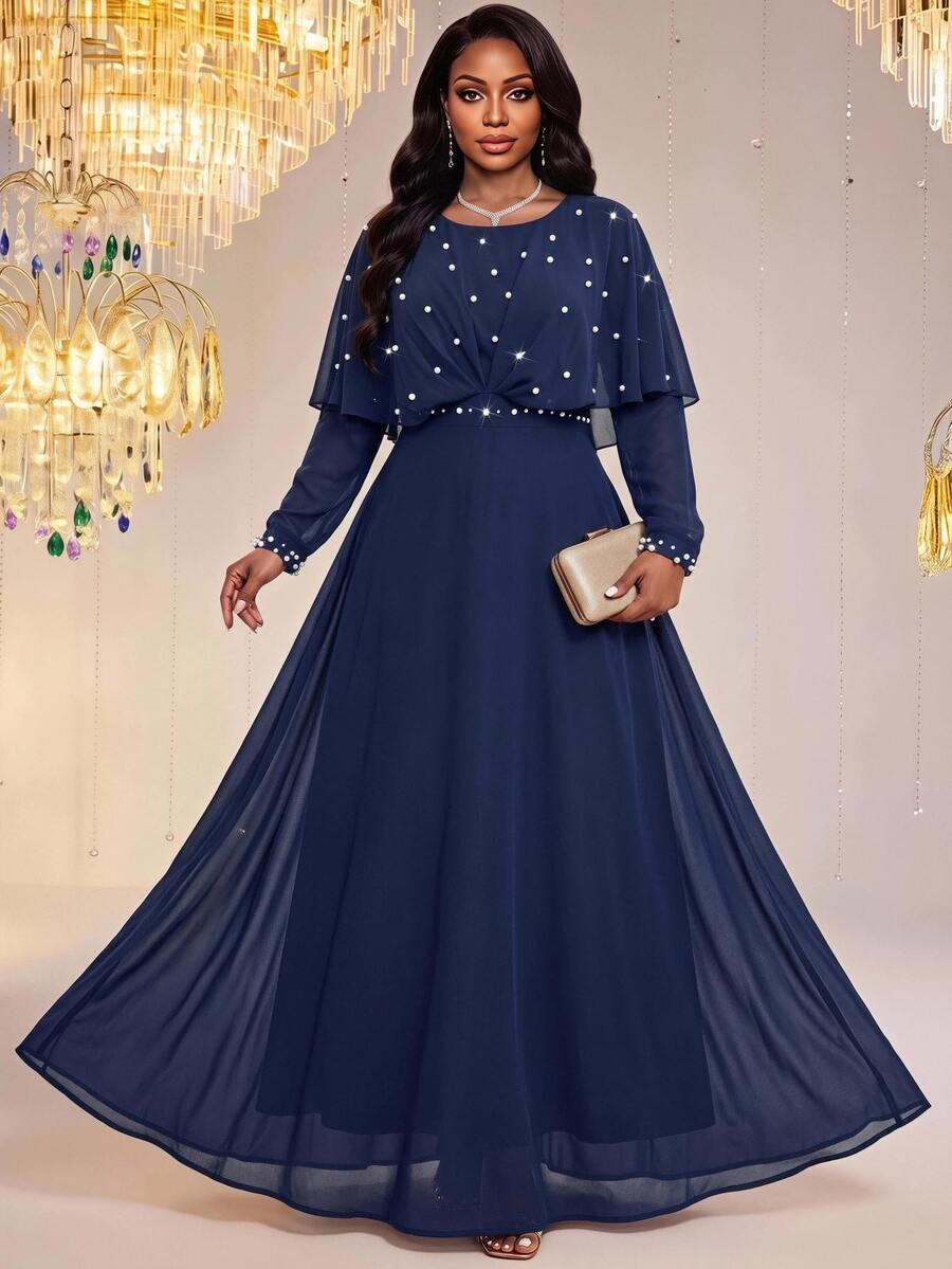 Fleurora Plus Size Women's Pearl Decor Long Sleeve Round Neck Ruffle Hem Dress - Navy Blue - View 1