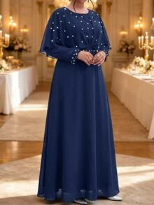 Fleurora Plus Size Women's Pearl Decor Long Sleeve Round Neck Ruffle Hem Dress - Navy Blue - View 6