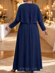 Fleurora Plus Size Women's Pearl Decor Long Sleeve Round Neck Ruffle Hem Dress - Navy Blue - View 3