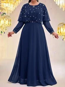 Fleurora Plus Size Women's Pearl Decor Long Sleeve Round Neck Ruffle Hem Dress - Navy Blue - View 8