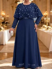 Fleurora Plus Size Women's Pearl Decor Long Sleeve Round Neck Ruffle Hem Dress - Navy Blue - View 5
