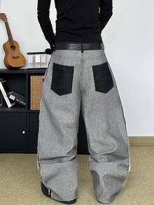 STEELVANCE Streetwear Retro Fashion Versatile Distressed Washed Rivet Embroidery Print Design Loose Straight Leg Wide Leg Casual Denim Jeans (Belt And Accessories Not Included) - Black - View 2