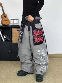 STEELVANCE Streetwear Retro Fashion Versatile Distressed Washed Rivet Embroidery Print Design Loose Straight Leg Wide Leg Casual Denim Jeans (Belt And Accessories Not Included) - Black - View 5