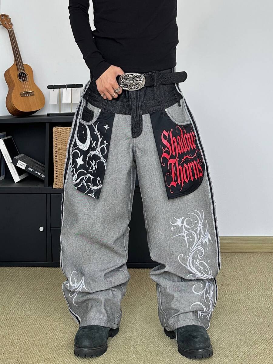 STEELVANCE Streetwear Retro Fashion Versatile Distressed Washed Rivet Embroidery Print Design Loose Straight Leg Wide Leg Casual Denim Jeans (Belt And Accessories Not Included) - Black - View 1