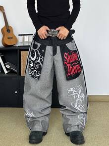 STEELVANCE Streetwear Retro Fashion Versatile Distressed Washed Rivet Embroidery Print Design Loose Straight Leg Wide Leg Casual Denim Jeans (Belt And Accessories Not Included) - Black - View 3