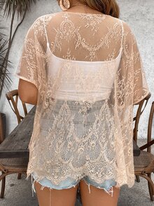 SHEIN VCAY Plus Size Women Sheer Lace Short Sleeve Kimono - Khaki - View 3