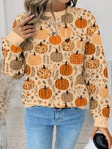 SHEIN LUNE Women's Pumpkin Print Crew Neck Long Sleeve Casual Sweatshirt - Multicolor - View 3